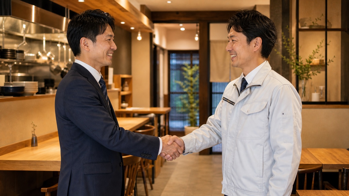 飲食店内で信頼関係を築くパートナー同士の握手